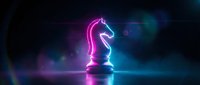 Glowing neon pink chess knight piece with electric blue lighting effects on dark reflective surface for strategic business and gaming concepts.