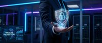Businessman holding digital security shield with lock icon in modern data center with neon lighting for cybersecurity and data protection concepts.