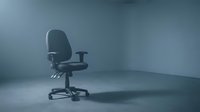 Empty office space with black ergonomic task chair on wheels in minimalist interior, suitable for corporate workspace design and business environment concepts.