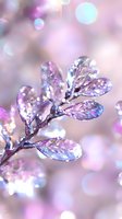 Crystal leaves with water drops in soft pink and purple tones creating magical bokeh effect, macro nature photography with dreamy ethereal atmosphere.