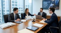 Professional business team meeting in modern conference room with city skyline view discussing corporate strategy and legal matters.