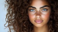 Young woman with natural freckles, bright blue eyes and curly brown hair looking at camera with gentle smile, beauty portrait on light background.