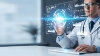 Male doctor in white coat using futuristic holographic interface with digital data analytics and medical technology in modern healthcare facility.