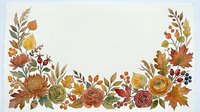Watercolor autumn floral border with roses, chrysanthemums, oak leaves, berries, and wheat on white background, copy space for text.
