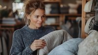 Young Caucasian woman relaxing at home in cozy gray sweater and casual clothes, sitting comfortably with gentle smile in warm interior setting.