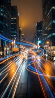 Dynamic urban street at night with colorful light trails from moving traffic between illuminated skyscrapers creating vibrant cityscape energy.