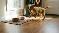 Golden retriever puppy eating from bowl on colorful rug in bright modern kitchen with hardwood floors and natural sunlight streaming through windows.