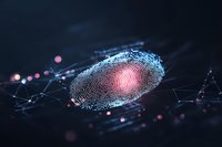 Digital fingerprint scan with glowing red core and blue edges on dark background, surrounded by network connections and data points for security concepts.