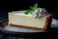 Creamy New York style cheesecake slice with graham cracker crust, topped with whipped cream, fresh mint leaves and powdered sugar on dark ceramic plate.