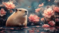Adorable capybara sitting in water surrounded by blooming coral-colored flowers and floating petals against dreamy teal background, magical nature scene.