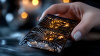 Fireworks reflection in smartphone screen held by female hand with nude manicure. Bokeh lights create festive atmosphere. Night celebration photography.