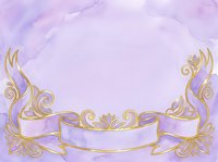 Lavender watercolor background with ornate gold flourishes and blank ribbon banner, suitable for invitations, greeting cards, and decorative design projects.