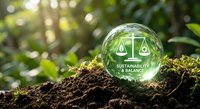 Transparent glass sphere with sustainability balance scales symbol resting on rich soil surrounded by lush green foliage representing environmental responsibility.