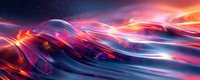 Abstract flowing waves of red, orange and blue light creating dynamic motion effect against dark background, glowing energy streams in cosmic space-inspired design.