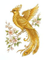 Golden ornamental phoenix perched on flowering branch with decorative plumage and intricate patterns, isolated on white background for design projects.