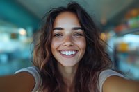 Young Mediterranean woman with wavy brown hair and bright genuine smile taking selfie in urban setting with blurred background, natural lighting creates warm atmosphere.