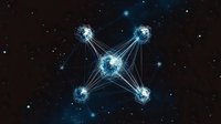 Glowing blue network nodes connected by light beams form geometric pattern against starry dark space background, representing digital connectivity and data networks.