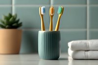 Eco-friendly bamboo toothbrushes in mint ceramic holder on bathroom counter with white towels and succulent plant, minimalist dental care composition.