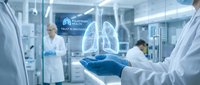 Doctor in blue gloves holding holographic lungs display in modern medical laboratory with healthcare professionals working in background.