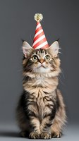 Adorable fluffy tabby cat wearing red and white striped party hat looking up with bright green eyes against dark background. Perfect for celebration themes.