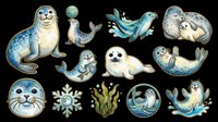 Cute seal sticker set isolated on transparent background, watercolor style clipart with baby seals, snowflake, and seaweed for t-shirt design and print on demand.