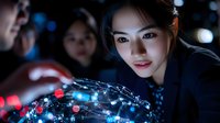 Young Asian businesswoman touching glowing digital sphere with network connections, illuminated by blue and red lights in dark modern office space.