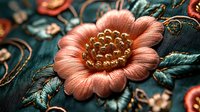 Ornate embroidered flower with copper and gold thread details on teal fabric background, showcasing decorative needlework and textile art techniques.