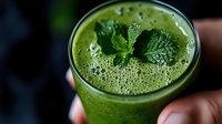 Fresh green smoothie with mint leaves garnish and frothy texture in glass, close up view of healthy detox drink for wellness and nutrition.