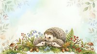 Mother hedgehog with baby hedgehog surrounded by woodland plants, mushrooms, and foliage. Soft watercolor style illustration on isolated white background, suitable for nursery decor, children's books, and design projects.