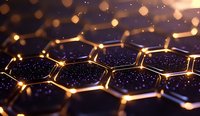 Glowing golden hexagonal molecular structure on dark background with bokeh lights and sparkles creates futuristic scientific visualization pattern.