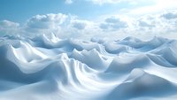 Pristine snow-covered mountain landscape with smooth rolling hills and drifts under bright blue sky with scattered white clouds, creating serene winter scenery.