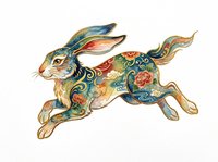 Ornate leaping rabbit with floral and swirl patterns in watercolor style, isolated on transparent background, ready for stickers, t-shirt design, and print on demand.