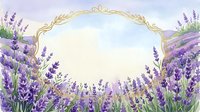 Watercolor lavender field background with golden ornate frame and copy space, soft purple blooms and sky, for cards, invitations, and prints.