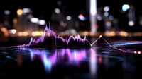 Glowing financial chart with purple and blue neon reflections on dark background shows market analysis data visualization with bokeh city lights.