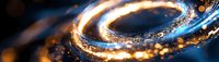 Glowing spiral light trail with orange and blue luminous particles creating dynamic motion effect against dark background. Abstract energy flow concept.