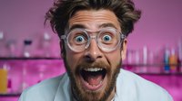 Surprised scientist with thick glasses and beard reacting with extreme excitement in pink laboratory setting.