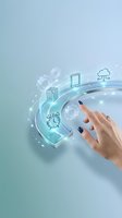 Woman's hand with blue nail polish touching glowing digital interface displaying cloud computing, mobile device, server, and gear icons on curved blue light wave for technology solutions.