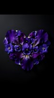 Purple pansies and iris petals arranged in heart shape on dark background for romantic floral design projects and Valentine's Day decorations.