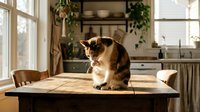 Adorable calico cat sitting on wooden kitchen table in cozy sunlit home interior with plants and rustic decor creating warm domestic atmosphere.