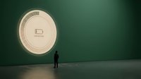 Silhouette of male figure standing before large glowing circular battery icon on dark green wall, representing energy, power, and technology concepts for business and design applications.