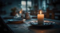 Single white candle burning on decorative plate creates warm ambient lighting on wooden table in cozy dark interior setting for relaxation and meditation.