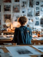Young Caucasian male artist with curly hair in denim jacket studying anatomical brain illustrations on glass wall in creative studio workspace.