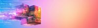 Futuristic digital cube structure with glowing neon grid pattern floating against gradient background from blue to pink, representing data technology and innovation.