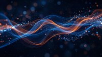 Flowing blue and orange energy waves with glowing particles on dark background, suitable for technology, science, and digital design projects.