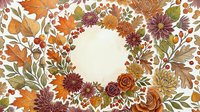 Autumn wreath with colorful fall leaves, chrysanthemums, roses, berries, and acorns on white background, copy space in center.