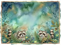 Two raccoons in a mystical forest clearing surrounded by ferns and foliage under a starry night sky with moon and magical light rays. Watercolor illustration.