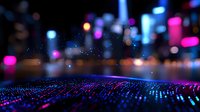 Abstract digital landscape with glowing blue and pink particles forming a wave pattern against blurred city lights background, creating futuristic technology visualization.