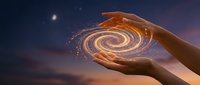 Hands holding glowing energy spiral with magical particles against twilight sky background for spiritual and mystical design concepts.