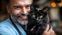 Mature bearded veterinarian in blue scrubs holding fluffy black cat with yellow eyes during medical examination at veterinary clinic, showing care and professional approach.