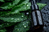 Dark glass dropper bottle with water droplets on wet green leaves for natural skincare and aromatherapy products.